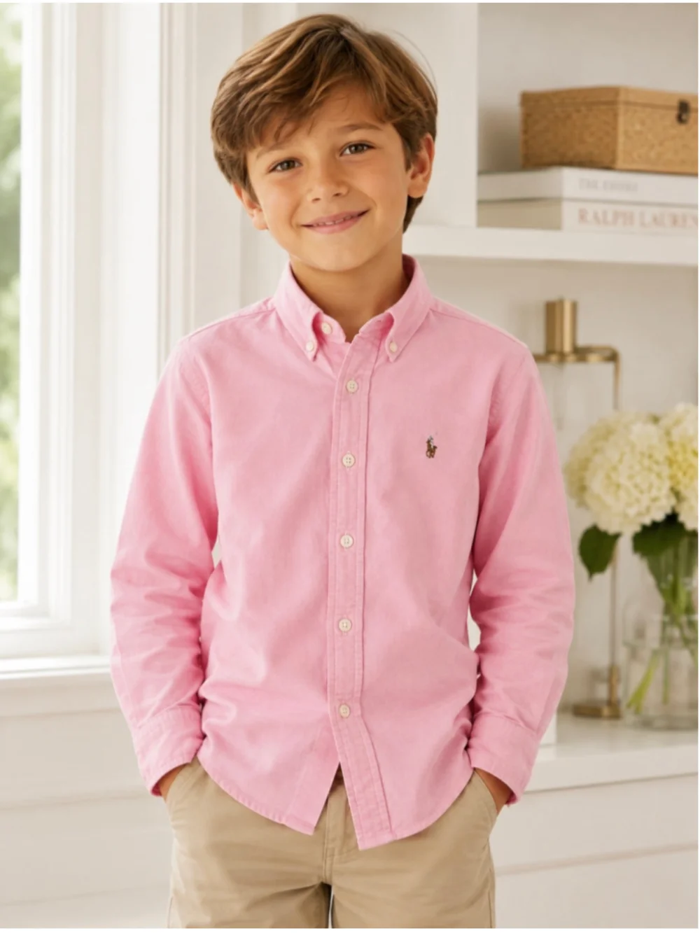 Ralph Lauren Boys Size 8 Pink Oxford Shirt Multicolor Pony Long Sleeve Preppy